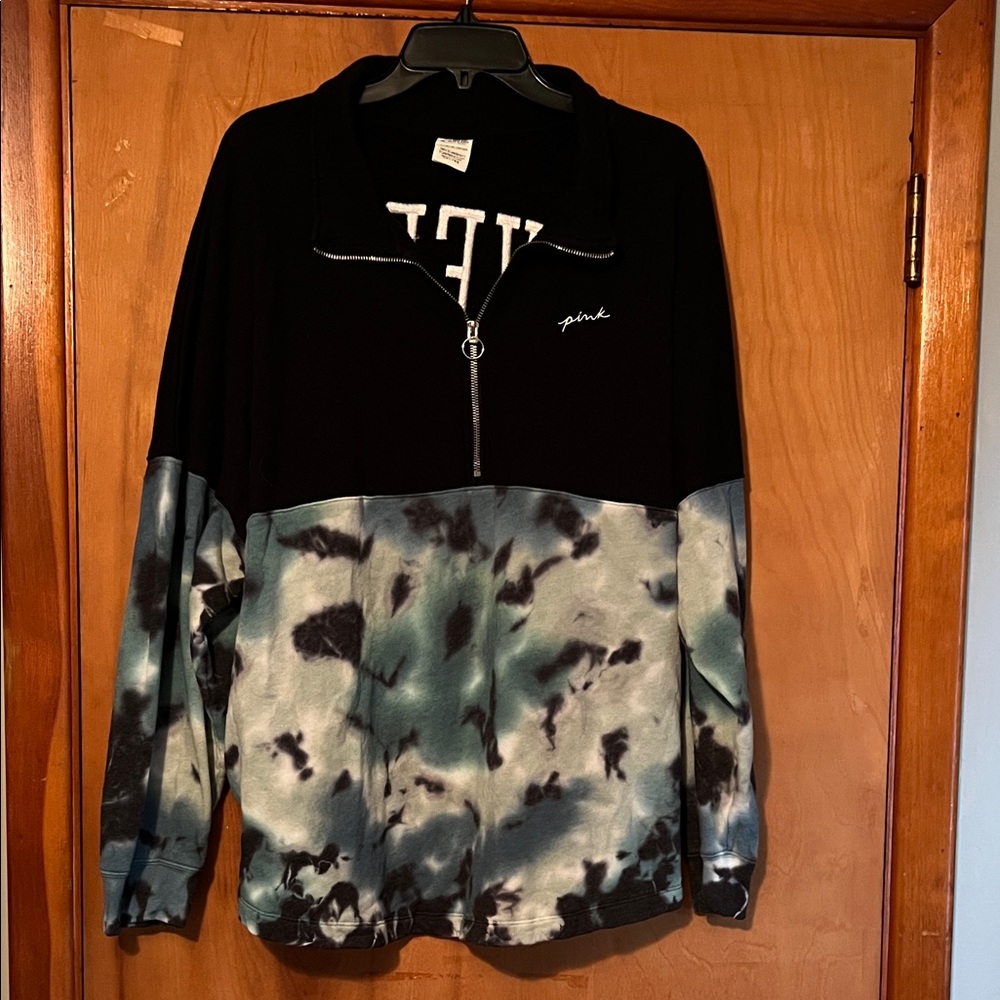 PINK Victoria's Secret Black & Teal Tie-Dye Quarter-Zip Pullover